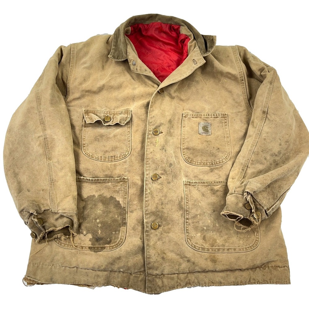 Vintage Carhartt Chore Jacket Men Medium Red Lined Distressed Faded Thrashed 80s